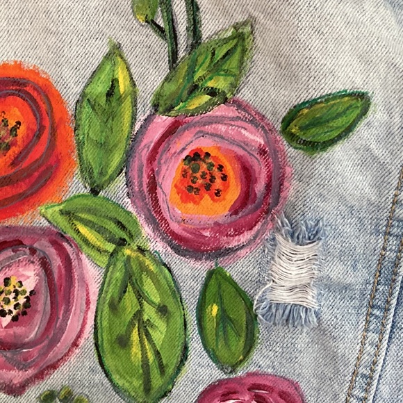Artisan Hand Painted Abstract Flowers on Back Eighty-Two Denim Jacket Crop Med - Picture 4 of 9